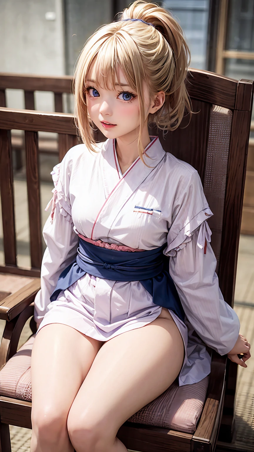 highest quality、4K quality、ultra quality detail,White woman、Blonde up ponytail、Slit eyes、Blue Eyes,Pink Japanese open-necked kimono、Lace Underwear,Slim figure、Small Ass、plump thighs、Sit in a chair and lean forward、Spread your legs wide、Shooting from the front、Small face、tall、20-year-old、Small breasts