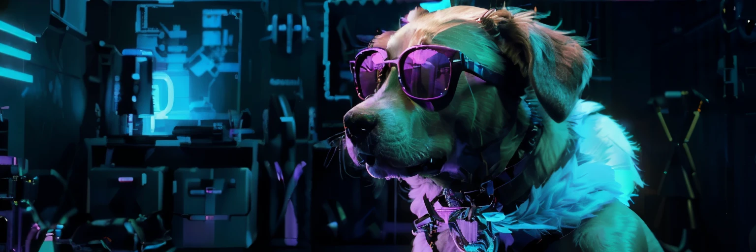 there is a dog wearing sunglasses and a collar in a room, [ 4 k synthwave art style ]!!, furry digital art, wallpaper 4k, wallpaper 4 k, in cyberpunk style, [ synthwave art style ]!! ]!!, in style of beeple, synthwave art style ]!!, 4 k wallpaper, 4k wallpaper