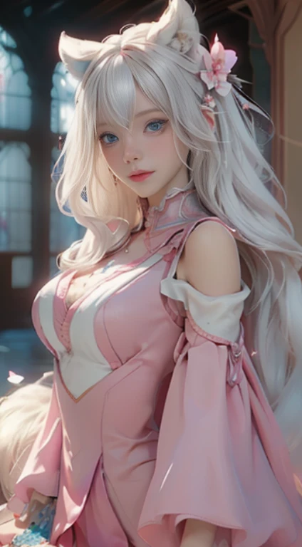 ((highest quality)), ((masterpiece)), (detailed:1.4), beautiful cyberpunk woman image,High resolution(High Dynamic Range),Ray Tracing,NVIDIA,Super Resolution,Fantasy 5,Scattered beneath the surface,PBR Textures,Post-processing,Anisotropic Filtering,Depth of written boundary、maximum definition、Sharpness、layered textures,Albedo and Specular Maps,Surface Shading,Accurate simulation of material interactions,Perfect balance,Rendering with Octane,Two-color light,Large Diameter,Low ISO,White balance,Rule 3 points、8K raw data、Beautiful bright blue eyes,Off-the-shoulder clothing,Great students,Delicate face and eyes,Long eyelashes,Blush Lash,Delicate and fluffy hair,Pink Lip,Pure,Cute face,pretty girl,Artistic Sense,Casual wear,Advanced Sense,butterfly,Cherry blossom petals,Beautiful hair accessories,Long hair and waist,Hair blowing in the wind,Pure white fox ears,Carly,Snow-white fluffy tail,Positive light,Light from the rear window causes backlighting