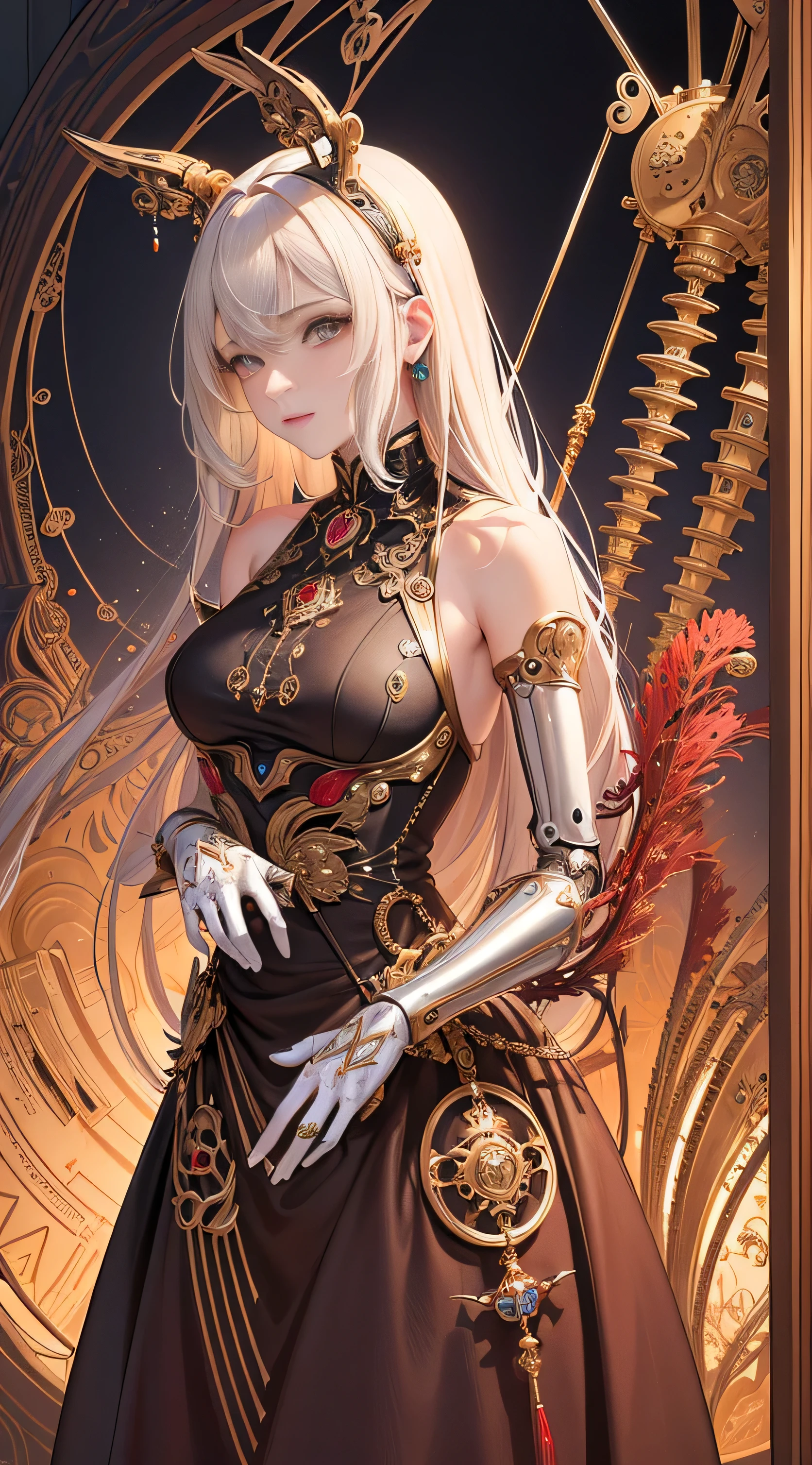 (Masterpiece, Top Quality, Best quality, Official Art, Beauty and aesthetics: 1.2), (1 girl: 1.3), Extremely detailed and intricately crafted, A feast of vibrant and richly colored hues (ultra-detailed CG illustration), (A highly detailed and finely crafted mechanical woman), Solo person, Full-bodied portrayal of a seductive eL Владислав ес eсMs person, (Machine-made joints: 1.2), (Mechanical limbs), (Blood vessels attached to tubes), (Mechanical vertebrae attached to the back), (