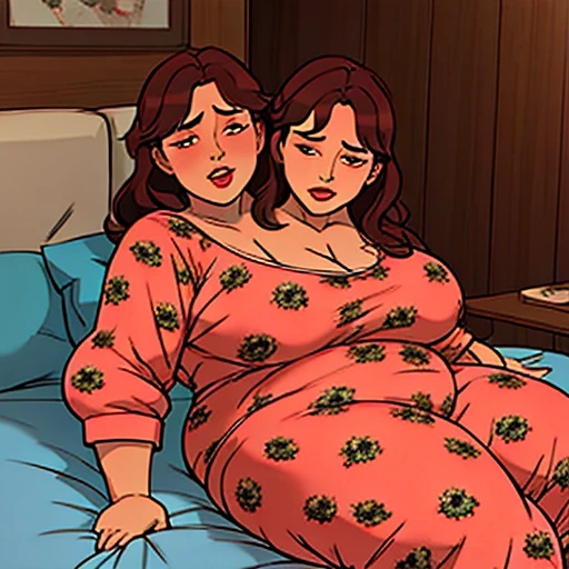 a comic page about a fully pajama wearing 24 year old extremely fat woman adjusting to her first night with her 40 year old busty mother as her second head on her immobile two headed body. She’s clearly uncomfortable with her mother using her now two headed 1200 pound morbidly obese body with her hand under the cover of the blanket as she watches a video on her phone