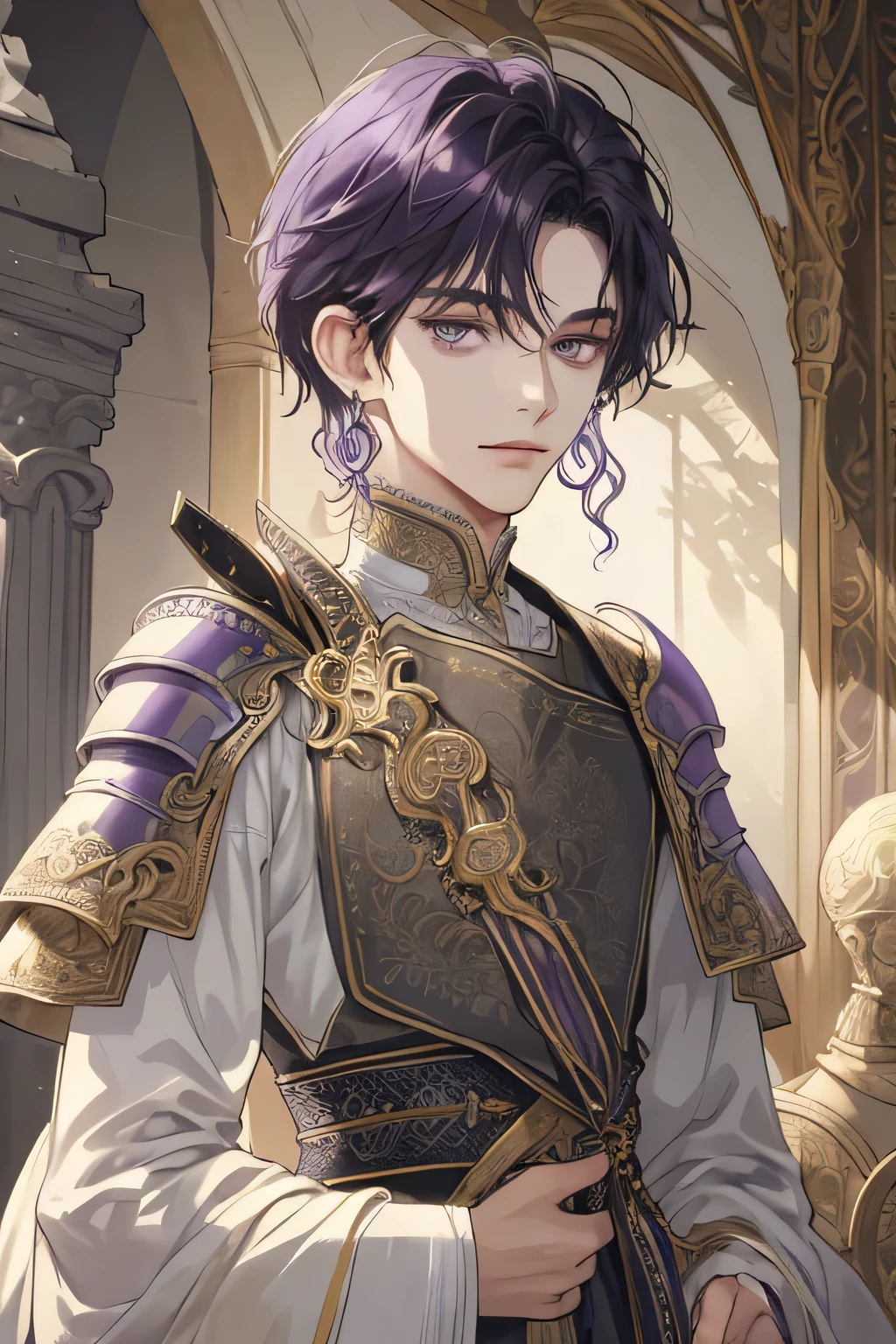 (extreamly delicate and beautiful:1.2), 8K,(masterpiece:1.0),(best_quality:1.0), 1 boy, and intricate detailing, Enlarged textures, and intricate detailing, finely eye and detailed face, and intricate detailing, shiraga, with chiton yunani, short curl hair purple, (closed mouths), Perfect eyes, Equal eyes, lime eyes, eyes look at camera (A male god) with body armor and earring