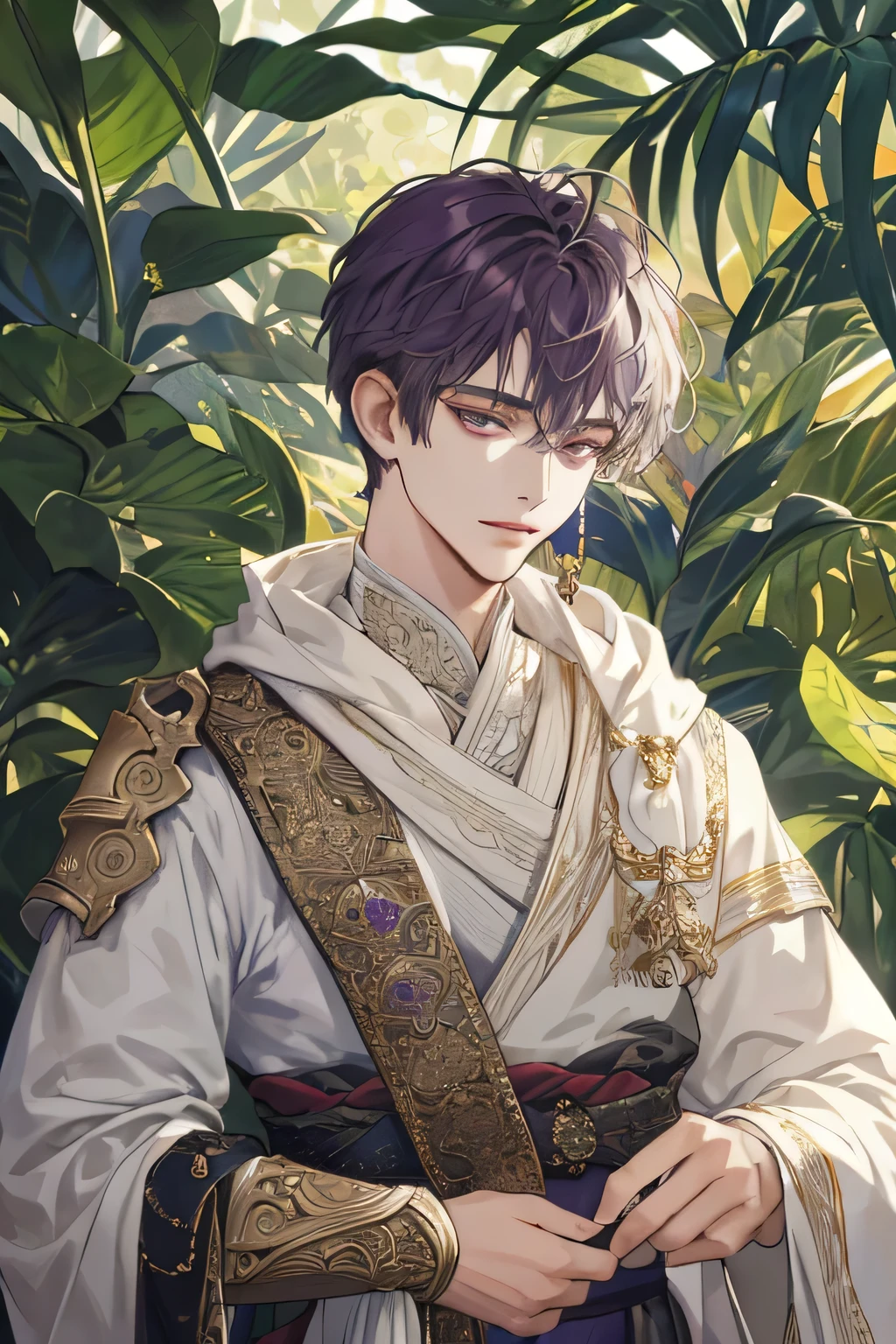 (extreamly delicate and beautiful:1.2), 8K,(masterpiece:1.0),(best_quality:1.0), 1 boy, and intricate detailing, Enlarged textures, and intricate detailing, finely eye and detailed face, and intricate detailing, shiraga, with chiton yunani, short curl hair purple, (closed mouths), Perfect eyes, Equal eyes, lime eyes, eyes look at camera (A male god) with body armor and earring