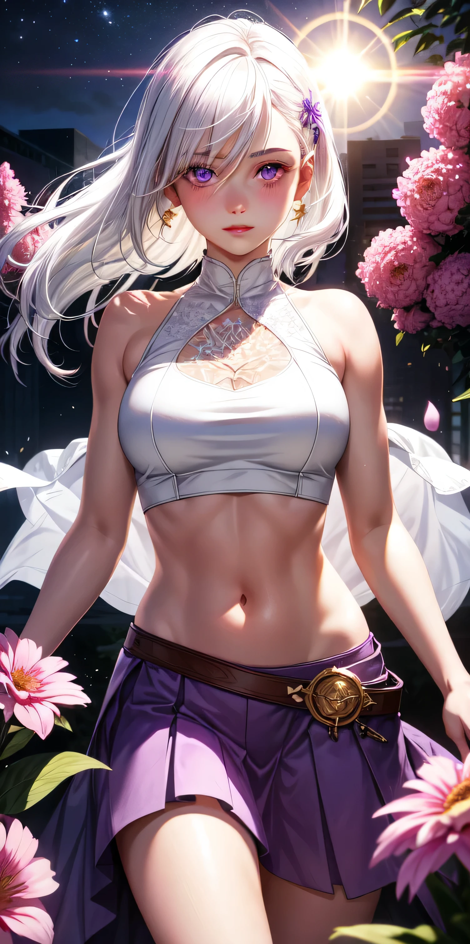 Realistic, 1girl, white hair, purple eyes, glowing eyes, crop top, skirt, parted lips, blush, night, flowers, sun, sunlight, nude