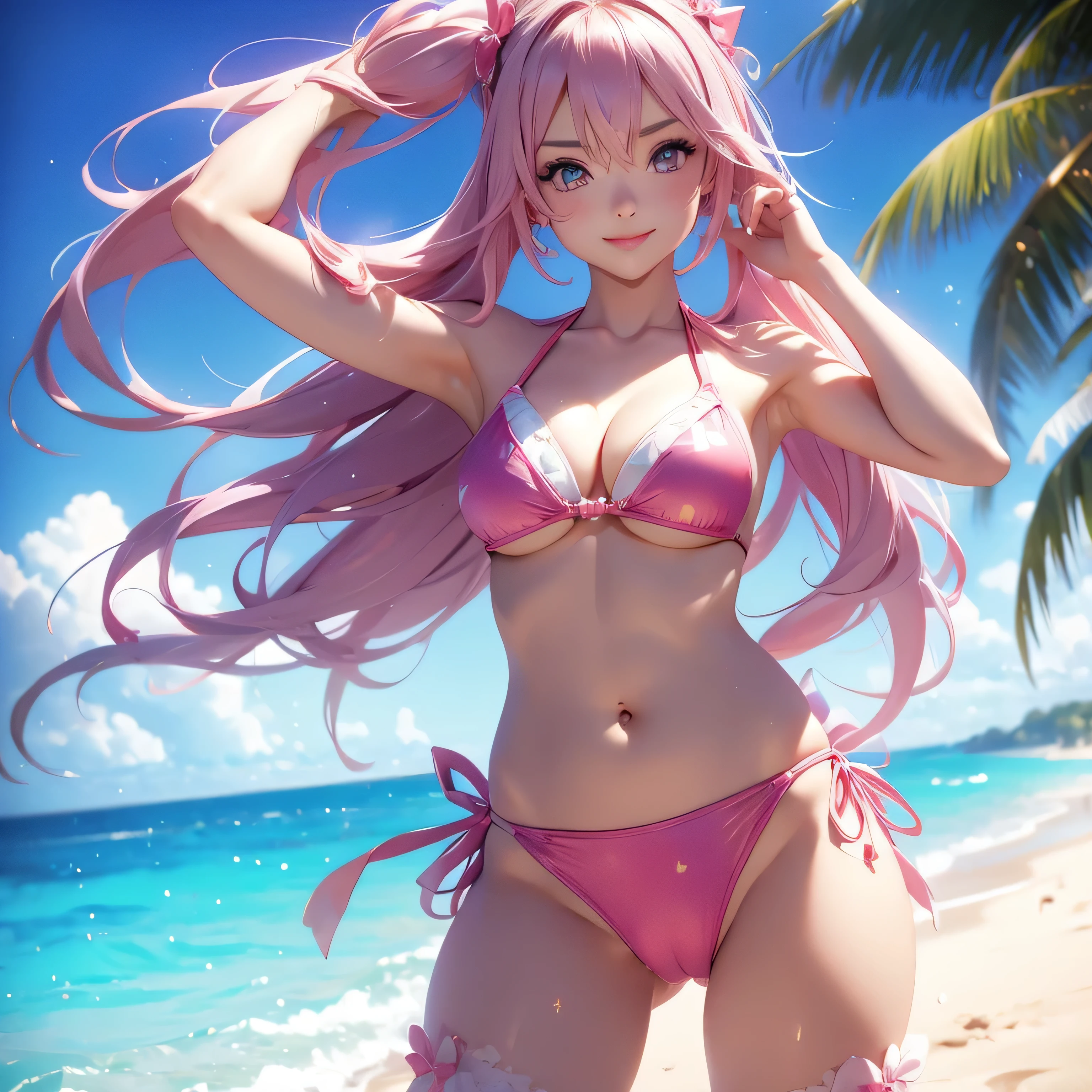 anime girl in a bikini posing on the beach,Pretty girl,latex Bikini,Realistic Bikini,anime moe artstyle,attractive anime girl,in a triangle bikini,seductive anime girl,anime girl,beautiful anime girl,sadistic smile,crazy smile dark,collarbone,open mouth,Swimwear,anime girlsa girl is standing,looking at viewer,female focus,(((cameltoe))), from below,pink,white, cleft of venus