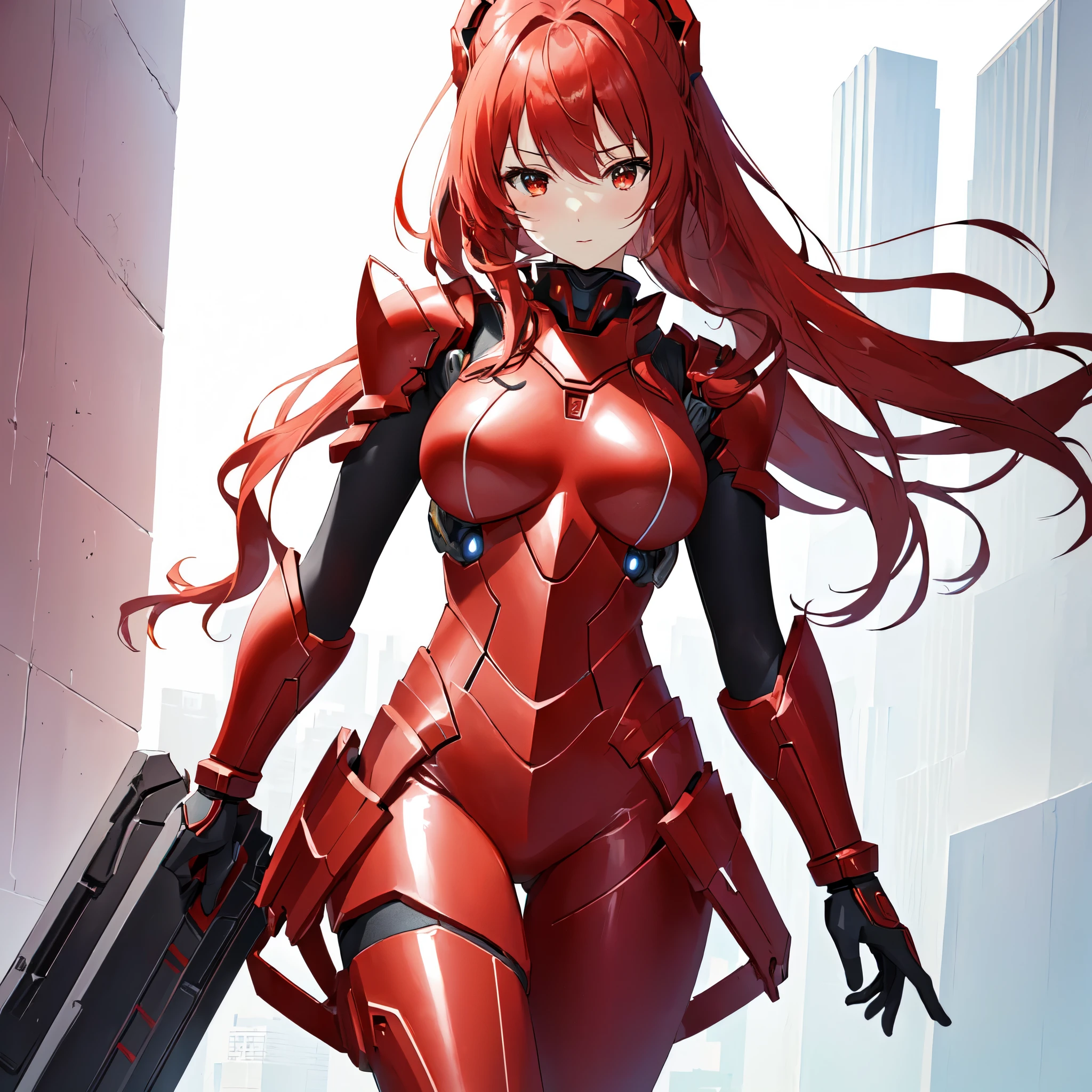 Anime girl, sexy, skintight, red nano armor, nano suit, futuristic, sci fi, large breasts, skinny, red armor, armor girl