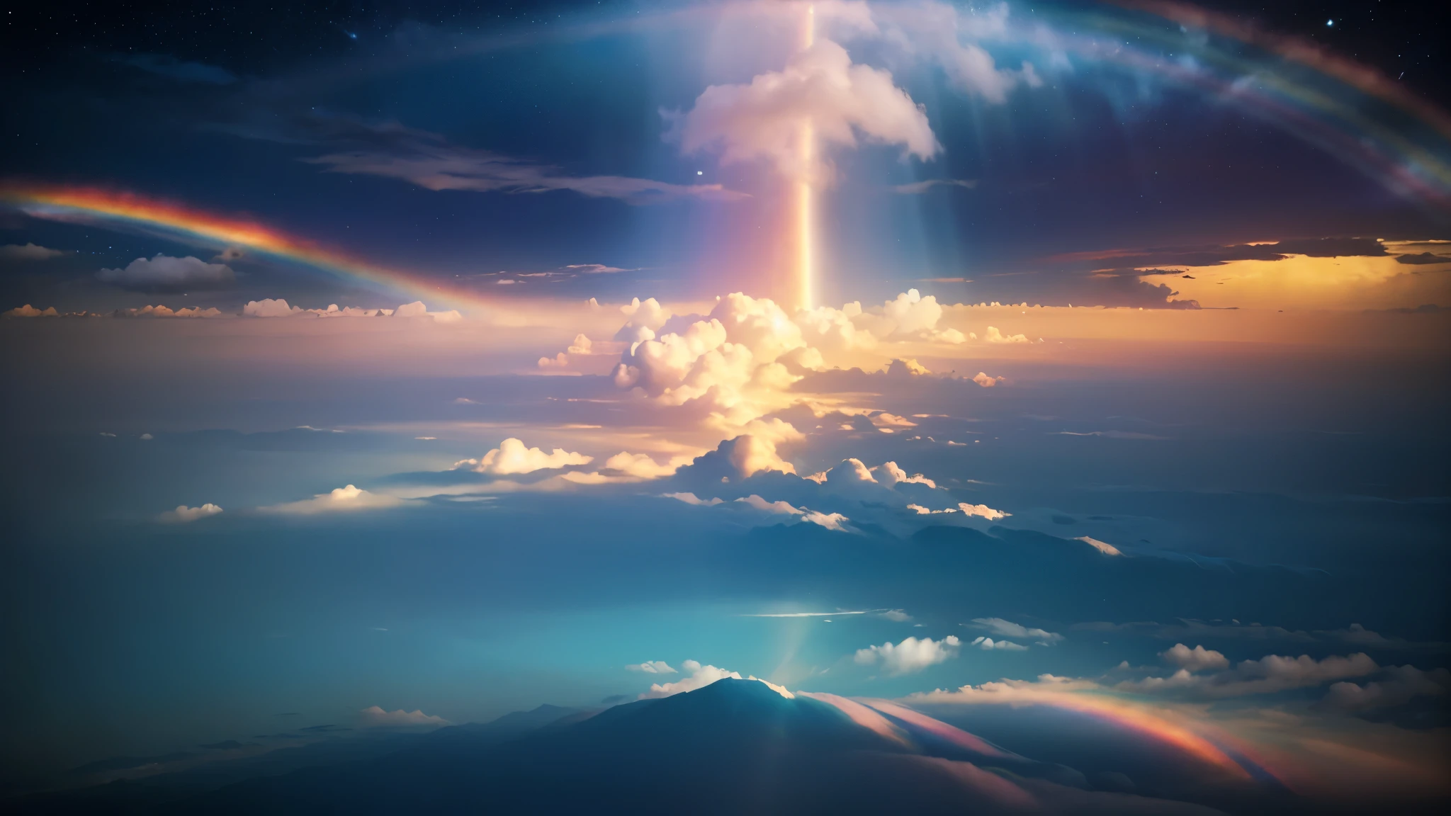 A photo-realistic rainbow-colored sky with clouds and rainbows, very colorful heavenly, ethereal rainbow nimbus, bright rainbow nimbus, iridescent clouds, heavenly colors, on cosmic cloudscape, sunny rainbow galaxy stormy sea, Rainbow clouds, ethereal rainbows, iridescent clouds, sitting on the cosmic cloudscape, heaven planet in background, Iridescent sky, Heavenly atmosphere
