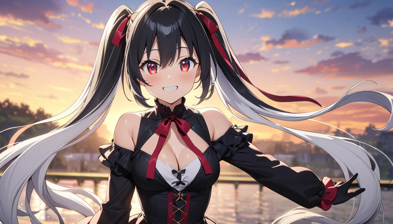 (masterpiece, 1girl, anime, detailed eyes:1.2), long hair, looking at viewer, smile, red eyes, short hair, dress, black hair, gloves, sky, long sleeves, ribbon, hair between eyes, skirt, very long hair, upper body, hair ornmaent , shirt ,multicolored hair, bare shoulders, gradiant hair white hair, jewelry, outdoors, thighhighs, blush , (sunset), jacket, grin, cloud, cleavage , twintails,frills, hd wallpaper