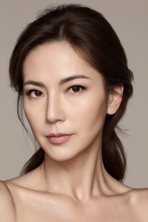 Ultra-high resolution, masterpiece, highest quality, perfect glowing skin, Perfect lighting, Detailed lighting, A muscular Japanese middle-aged woman, 55 years old、, Beige thin knit, View Camera, Off the shoulder, Brown wavy hair with highlights、Big Breasts, Large exposed cleavage, Black double eyelids, Browsing Caution, ((Dark Background)), Sexy Face, The facial expression when feeling happy,whole body