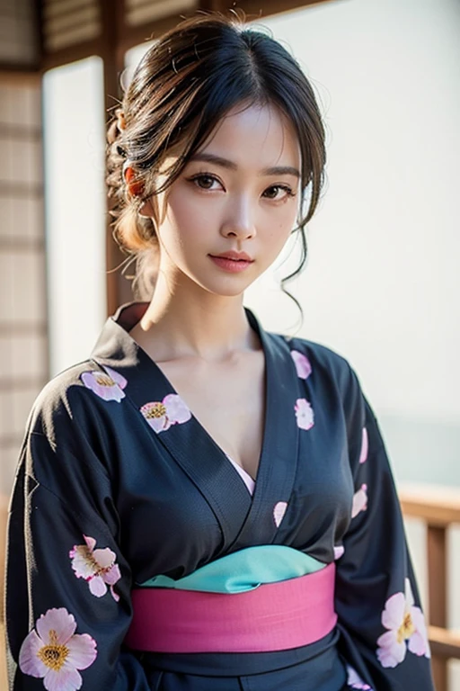 Her large breasts accentuate her cleavage.、(masterpiece、highest quality:1.4)、Beautiful Face、8k、85mm、Confused、(Floral Yukata:1.4)、Face close-up、Delicate girl、20 year old Japanese solo、Seeing the viewer、Upper Body、Film Grain、chromatic aberration、Sharp focus、Sophisticated、(smile:0.4)、(Simple Background、Background blur:1.2)、Detailed aspect