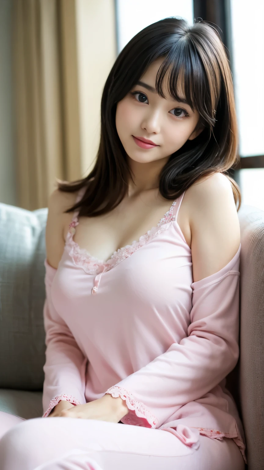 A cute face like a 15-year-old idol　Pink pajamas　熱を出してSleeping in bed　Sweat on chest due to fever　Sweat on face due to heat　Cleavage　Medium bust　In a dark room　Natural light　Sleeping in bed　Whole body　Full body portrait　RAW Photos　live-action　Genuine　Real Stick　High resolution　RAW Photos