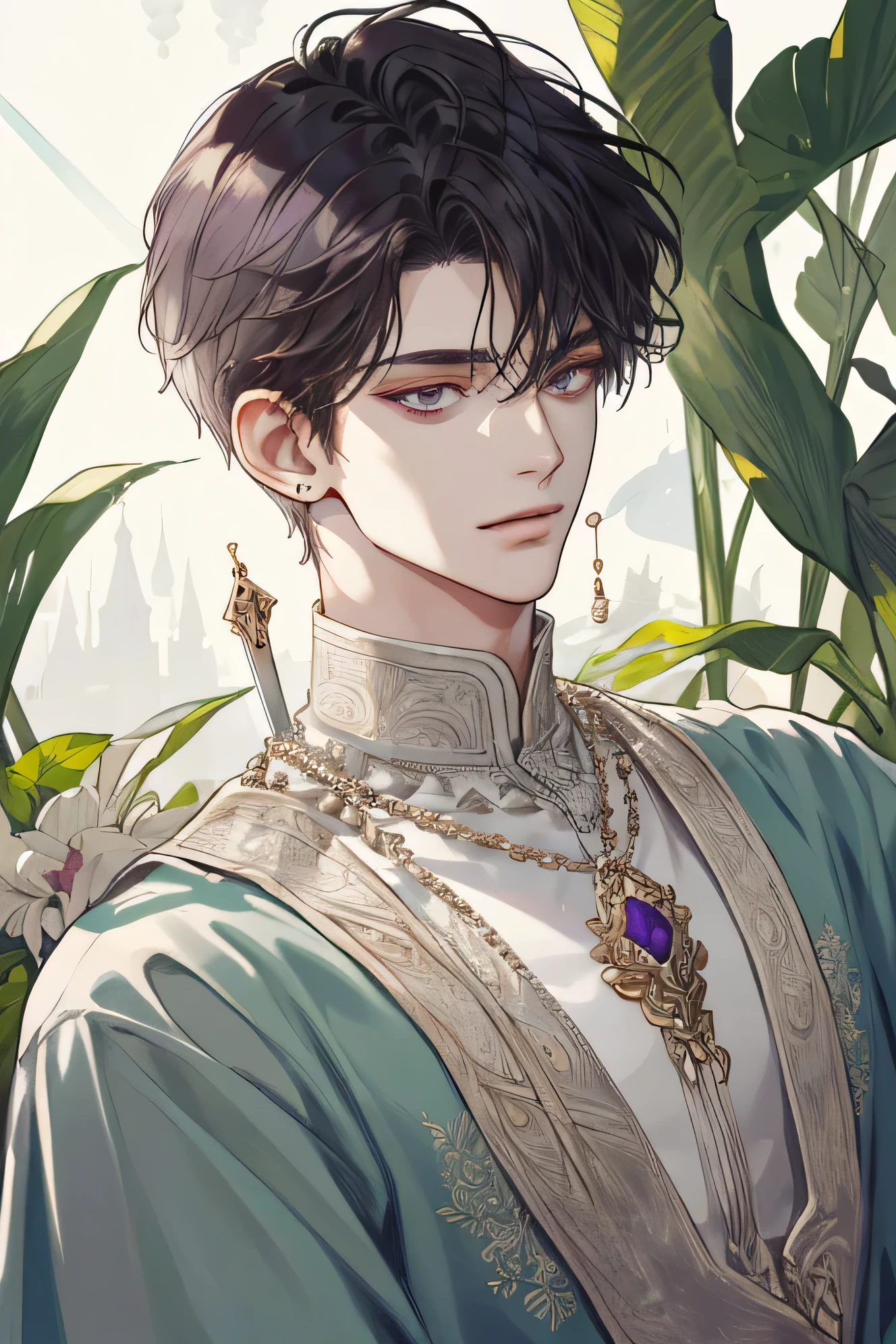 (extreamly delicate and beautiful:1.2), 8K,(masterpiece:1.0),(best_quality:1.0), 1 boy, and intricate detailing, Enlarged textures, and intricate detailing, finely eye and detailed face, and intricate detailing, shiraga, with chiton yunani, short hair purple, (closed mouths), Perfect eyes, Equal eyes, lime eyes, eyes look at camera (A male god) with sword and earring