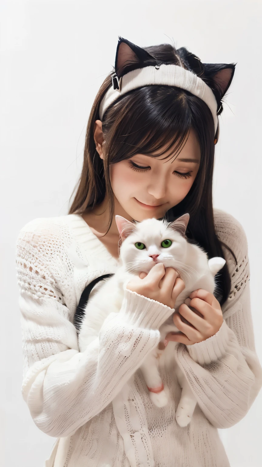 masterpiece, 4k, Bokeh, (Kawai:1.5), high school girl, (Japanese idle:1.6), (Cat ear:1.3), (soft hair:1.3) , (white knit onepiece:1.6), Blushed face, looking at the viewer, cowboy shot, (Holding beautiful white cat :1.3), (white background :1.4),