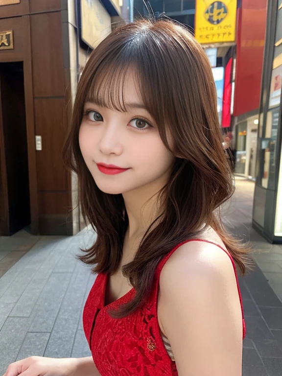 Tabletop, highest quality, figure, Very detailed, In detail, High resolution, 8k wallpaper, Perfect dynamic composition, Beautiful fine details, She is wearing a red dress,Medium Hair,Natural color lip, Bold sexy pose,smile,Harajuku、20-year-old girl、cute、sexy shot looking at camera、C Cup、Brown Hair、Cacique#39;Face、Blurred shrine background