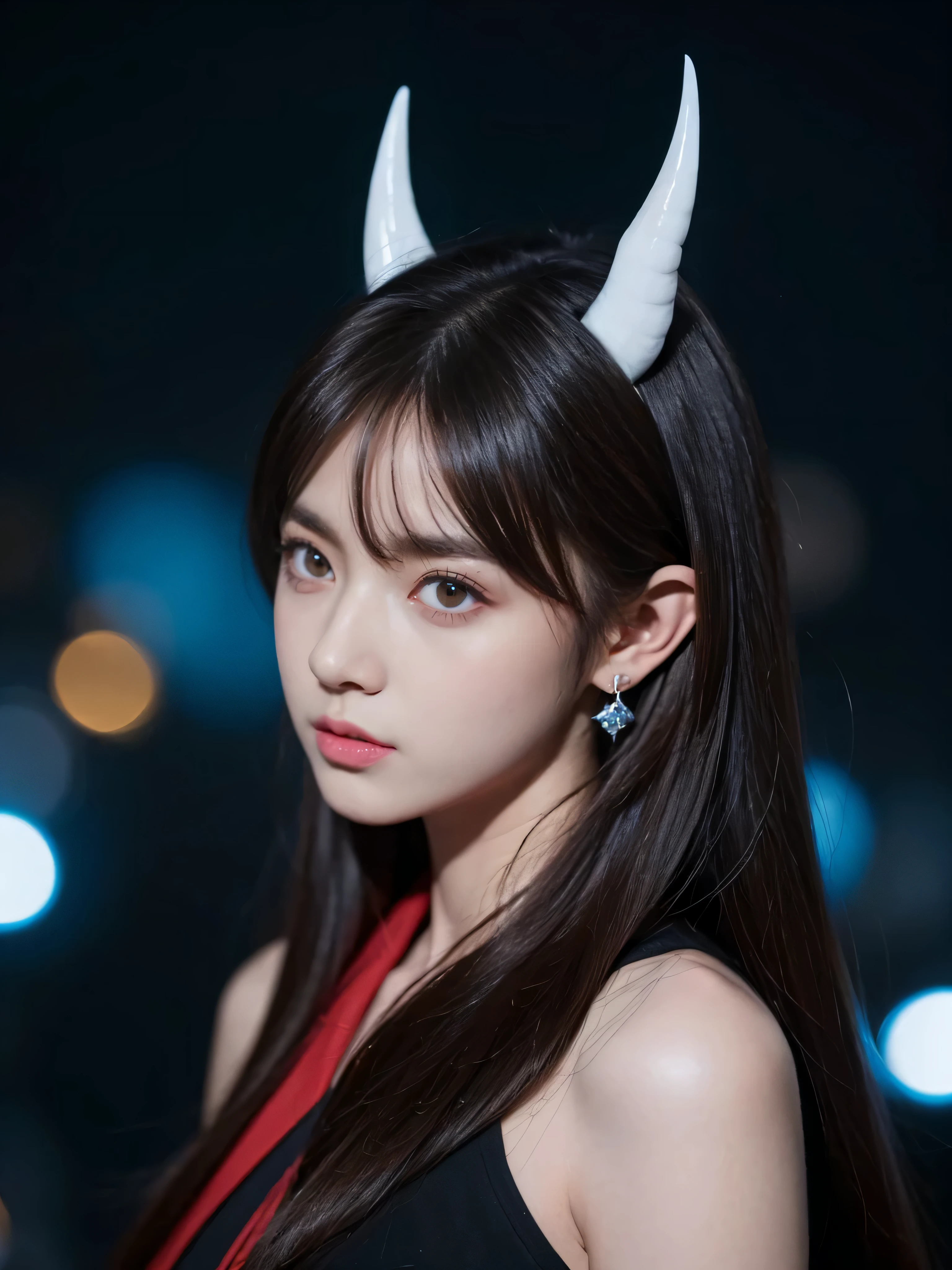 1 girl, 1 boy, Trumpet, , pointed ears, wing, earring, Serafuku, decorations, white background, upper body, conjunctivitis, demon wing, demon Trumpet, Devil Boy, simple background, continuously, next to each other, pink eyes, Chapped lips, black Serafuku, brown hair, devil girl, black hair, look at viewer, long hair, Gakuran,Bokeh Blue flame background