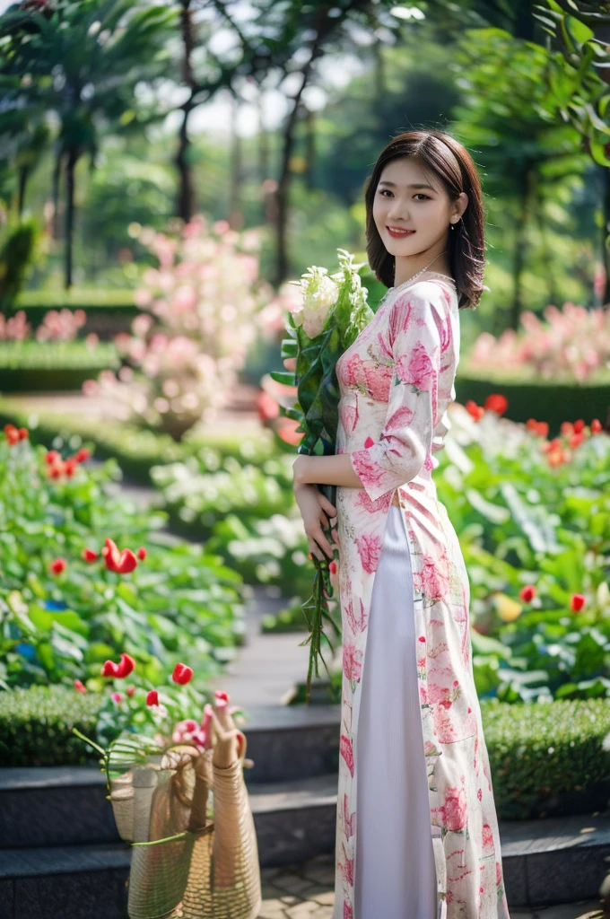 A beautiful short hair Asian girl wearing colorful Vietnamese ao dai, smirking, blurred background of flower garden.