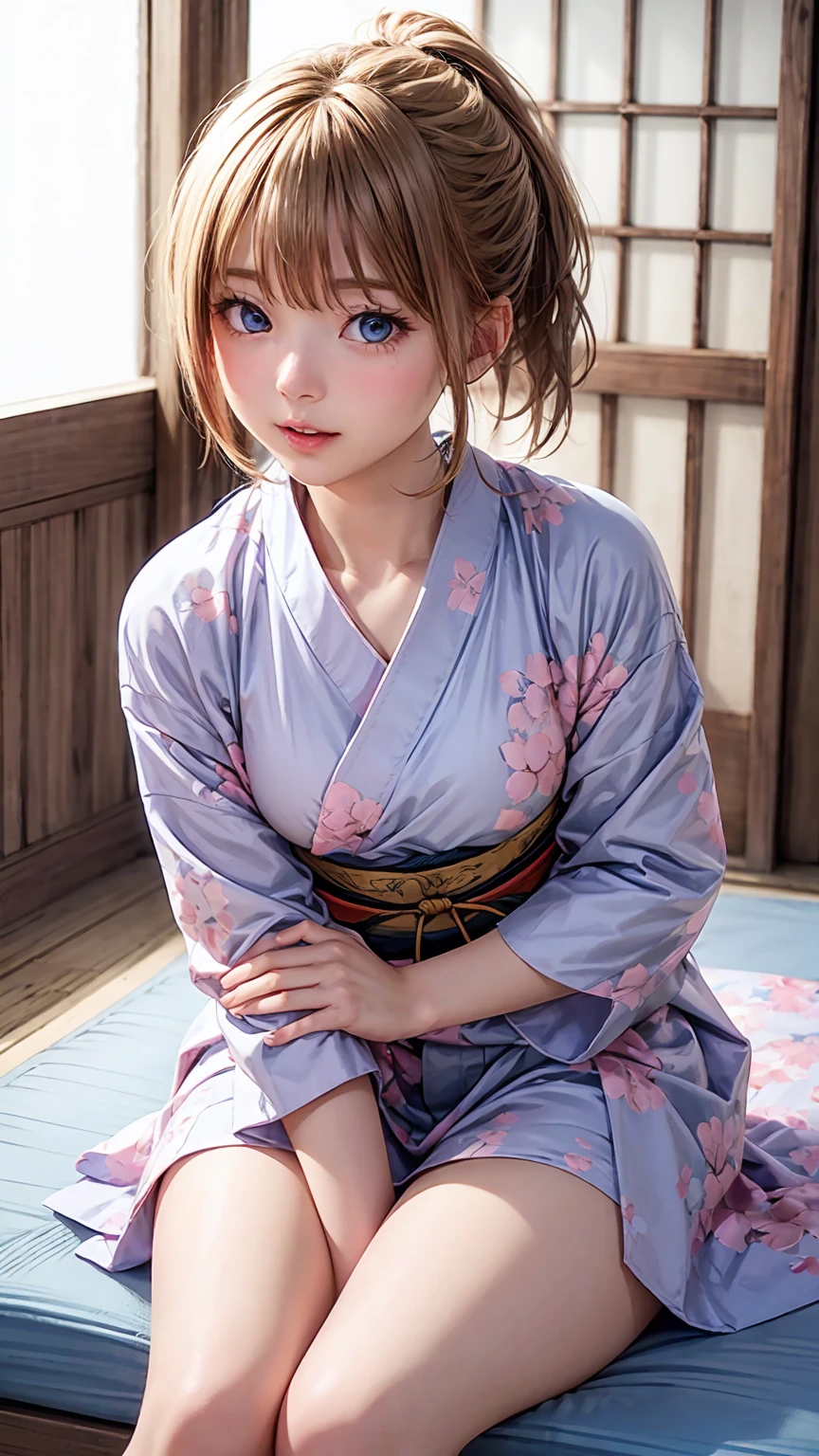 highest quality、4K quality、ultra quality detail,Caucasian girl、Blonde up ponytail、Slit eyes、Blue Eyes,Pink Japanese open-necked kimono,Slim figure、Small Ass、plump thighs、slouch、Spread your legs wide、Shooting from the front、Small face、tall、Small breasts、Upper chest exposed