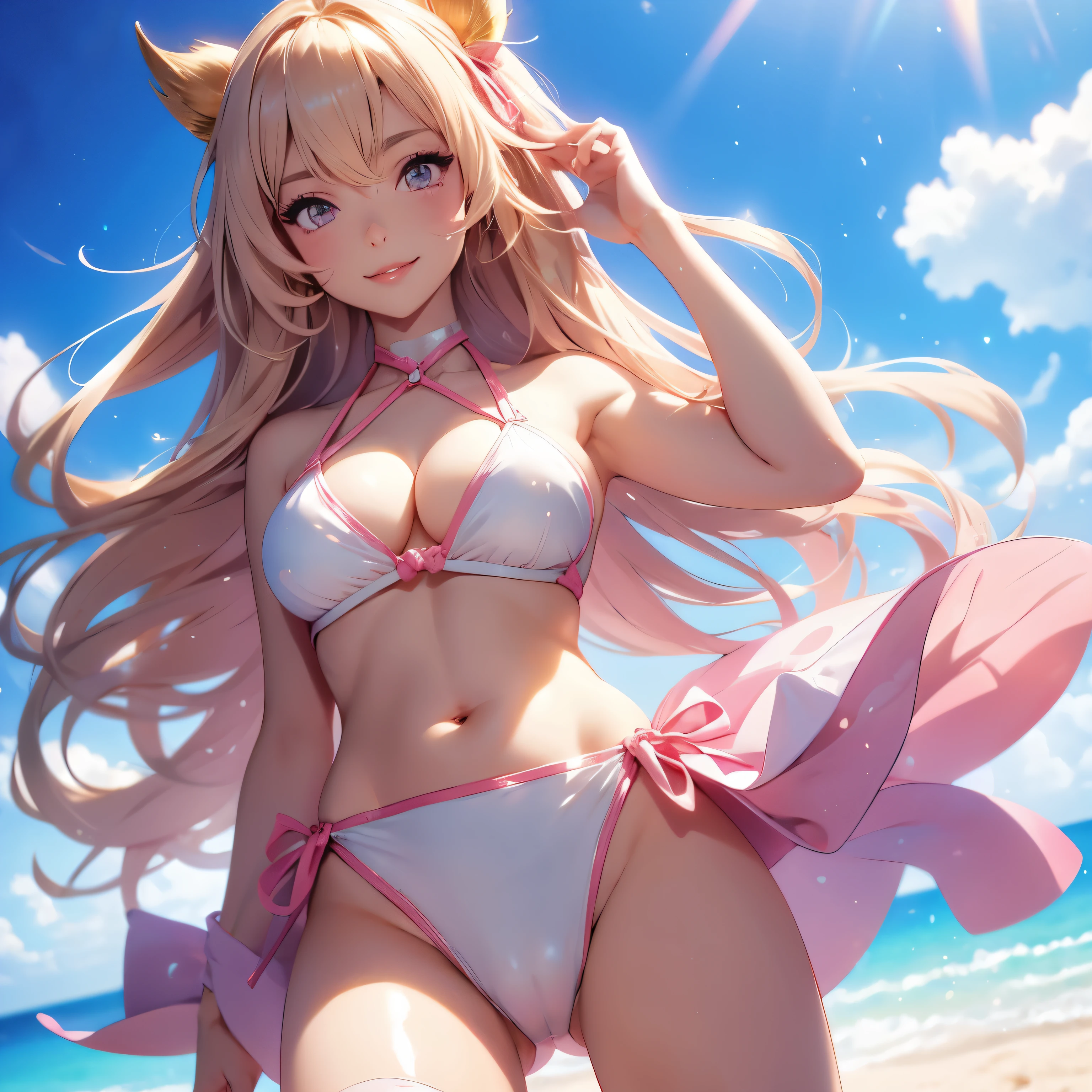 anime girl in a bikini posing on the beach,Pretty girl,latex Bikini,Realistic Bikini,anime moe artstyle,attractive anime girl,in a triangle bikini,seductive anime girl,anime girl,beautiful anime girl,sadistic smile,crazy smile dark,collarbone,open mouth,Swimwear,anime girlsa girl is standing,looking at viewer,female focus,(((cameltoe))), from below,pink,white, cleft of venus