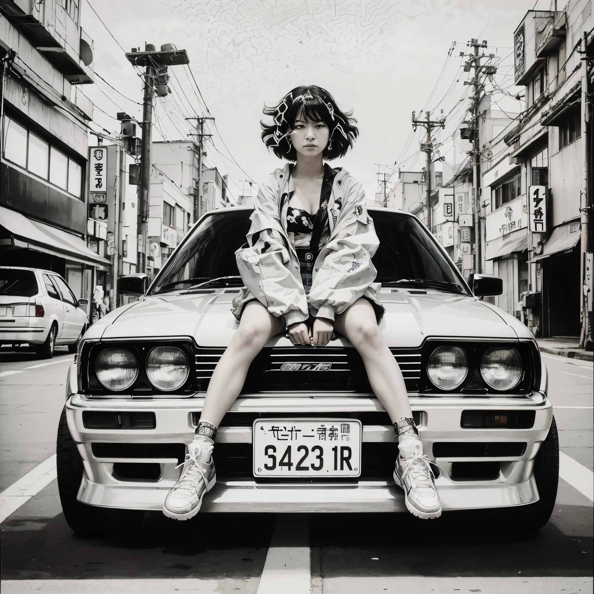 arafed image of a woman sitting on the hood of a car, shohei otomo, style of hajime isayama, kastuhiro otomo, in style of katsuhiro otomo, satoshi kon artstyle, akira japanese art, artist katsuhiro otomo, by Otomo Katsuhiro, katsuhiro - otomo, katsuhiro tomo