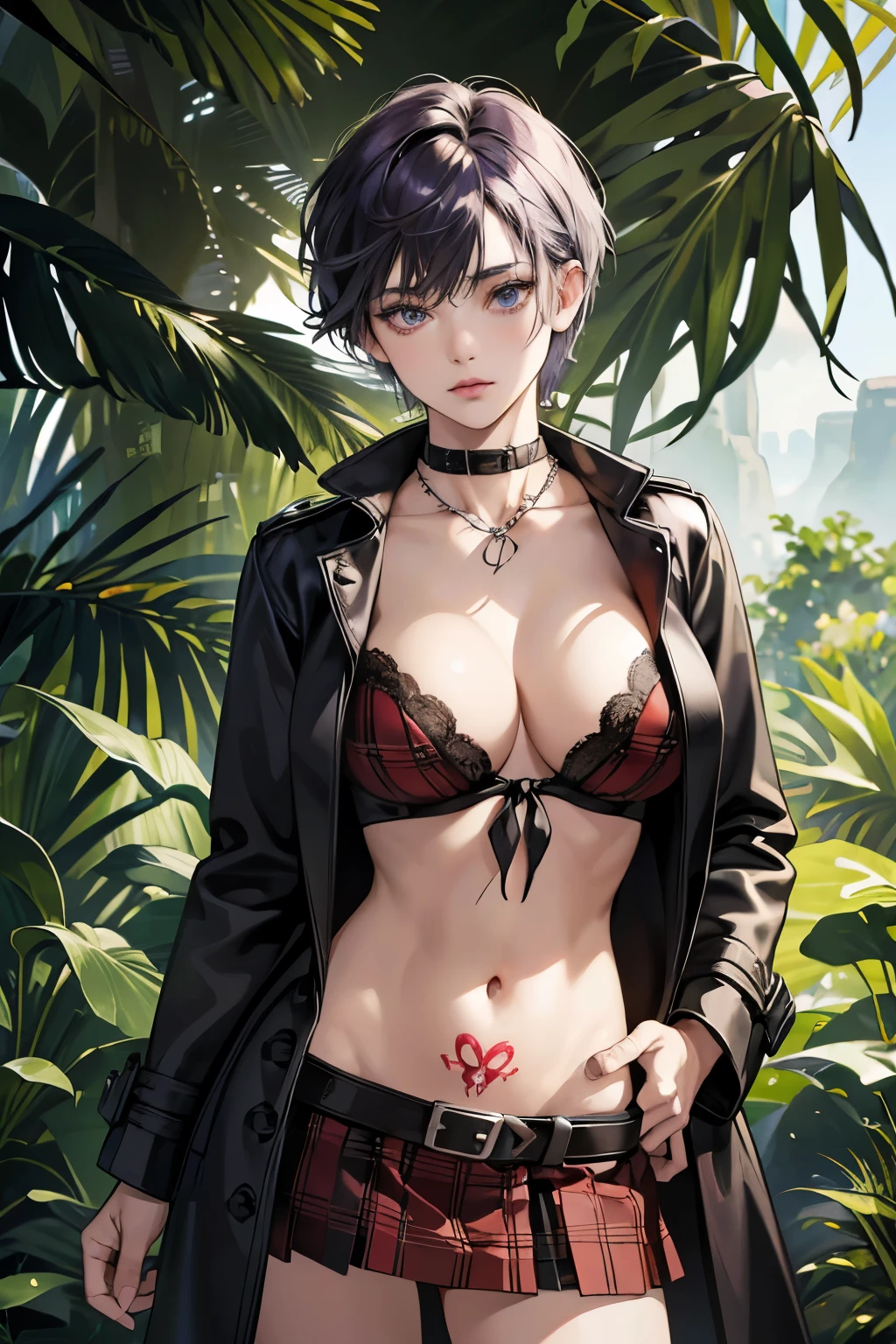 (absurdres, highres, ultra detailed),Masterpiece,intricate details,Best quality,8k,Realistic face,anime girl,Realistic skin texture,magnified textures, stunning clarity, ultra detailed eyes and faces,rock star girl,strong,Winning spirit,(confident eyes),punk rock,,(Belly button),(very short hair:1.2),dark purple hair,tsurime,ruined jungle,biopunk,cowboy shot,(womb tattoo:1.2),trench coat,silver neckless,front-tie bra,red checked skirt,look at viewer,,(big breasts),action pose,from front,Hands in pockets,Standing with your legs apart