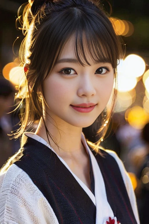 (8k、Raw photo、highest quality、masterpiece:1.2)、(Realistic、Photorealistic:1.37)、Ultra-detailed、超A high resolution、1 girl、Seeing the viewer、Beautifully detailed face、Laughter、narrow、(Narrow waist) :1.3)、beautiful detailed skin、Skin Texture、floating hair、Professional Lighting、Human whole body、Blonde、Japanese Yukata、Floral Yukata、autumn leaves柄浴衣、autumn&#39;s、autumn leaves、Red ribbon、Bob Hair、Smile、Sappin&#39;、Hair Bun