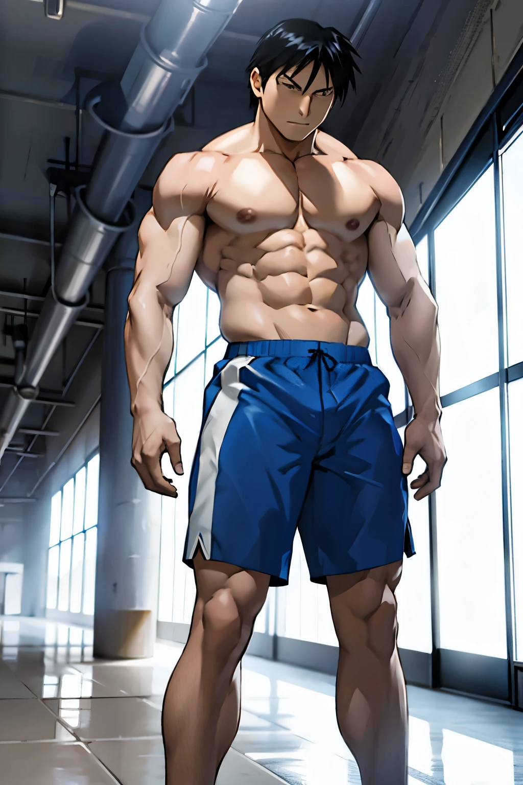 Roy Mustang from Full Metal Alchemist, wearing swimsuit, bodybuilder, defined body, posing, shirtless, abs, big legs, white empty room