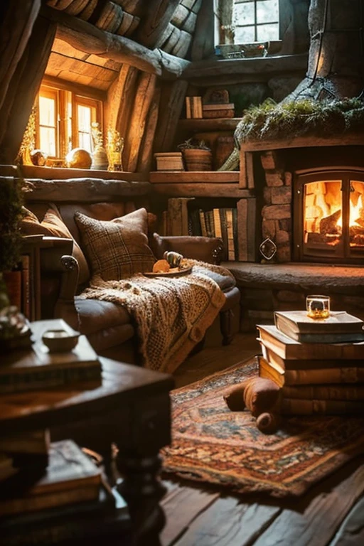 (bestselling fantasy book scene,cozy and magical atmosphere:1.1,detailed and cozy hobbit house,warm and welcoming,bookworm nest:1.1),bookshelf filled with old and new novels (various genres: 1.2),cute and playful kitten (soft fur and bright eyes:1.1),rustic fireplace crackling with a warm fire (soft glow:1.1)