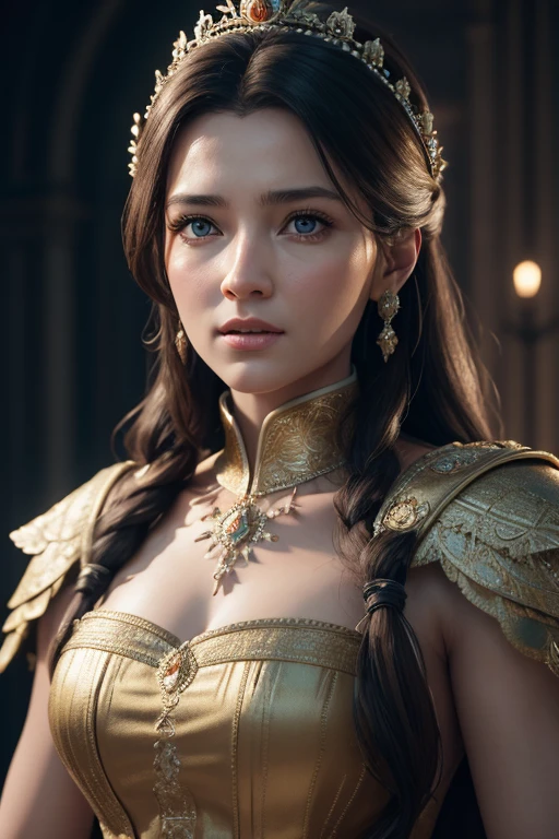 High face quality with king of duty , woman  with princess dress ,3d , render,800 years , Roma , perfect face , 8K, High quality, Details, Intricate, Realistic lighting, Cinematic lighting, full picture 