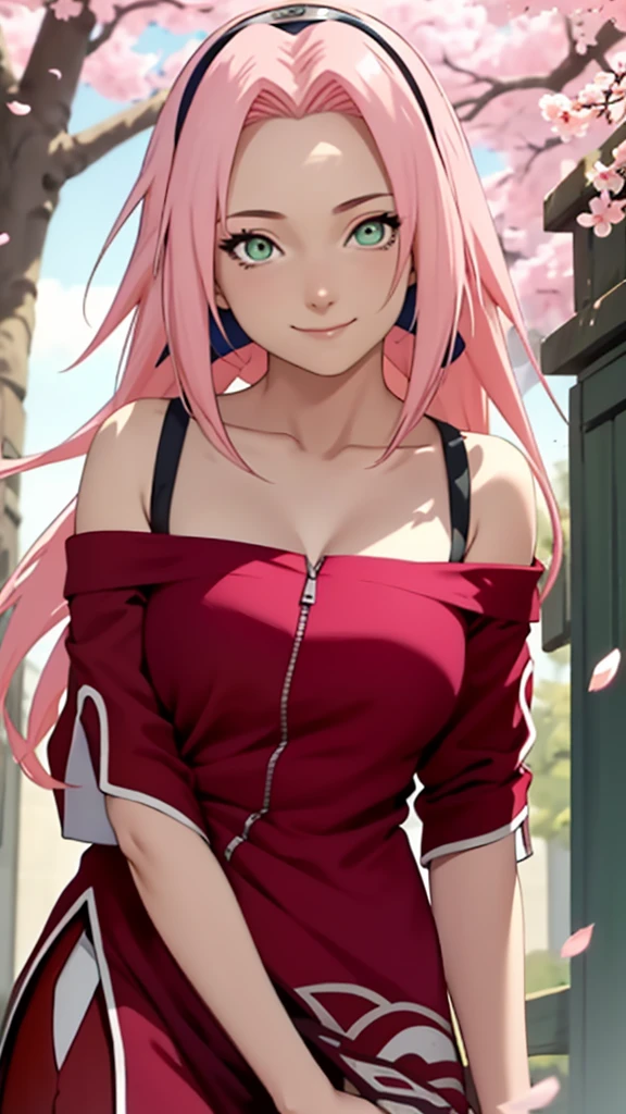 masterpiece, best quality, 1 girl, Haruno Sakura, Large Breasts,Off-shoulder dress,(cleveage),(Upper body close-up),Sexy bulge,Very shy,Smile,Pink Hair, White hair, (green eyeball:1.4), Forehead protection, Cherry tree,Cherry Blossoms Flying,Red clothes,half zipper
