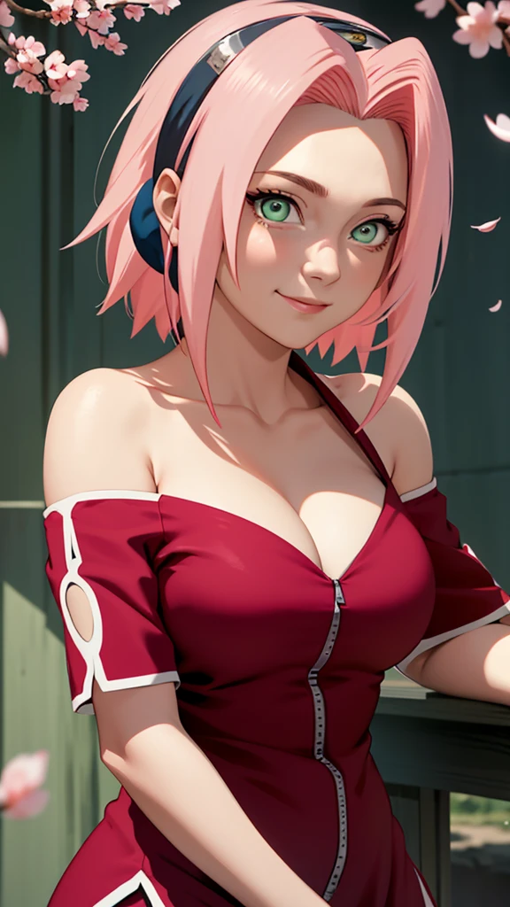 masterpiece， best quality， 1 girl， Haruno Sakura， Large Breasts，Off-shoulder dress，（cleveage)，（Upper body close-up)，Sexy bulge，Very shy，Smile，Pink Hair， White hair， （green eyeball:1.4)， Forehead protection， Cherry tree，Cherry Blossoms Flying，Red clothes，half zipper