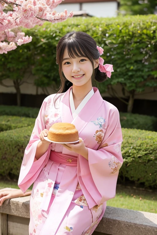 Pink kimono、20-year-old girl、Pound Cake、front, smile