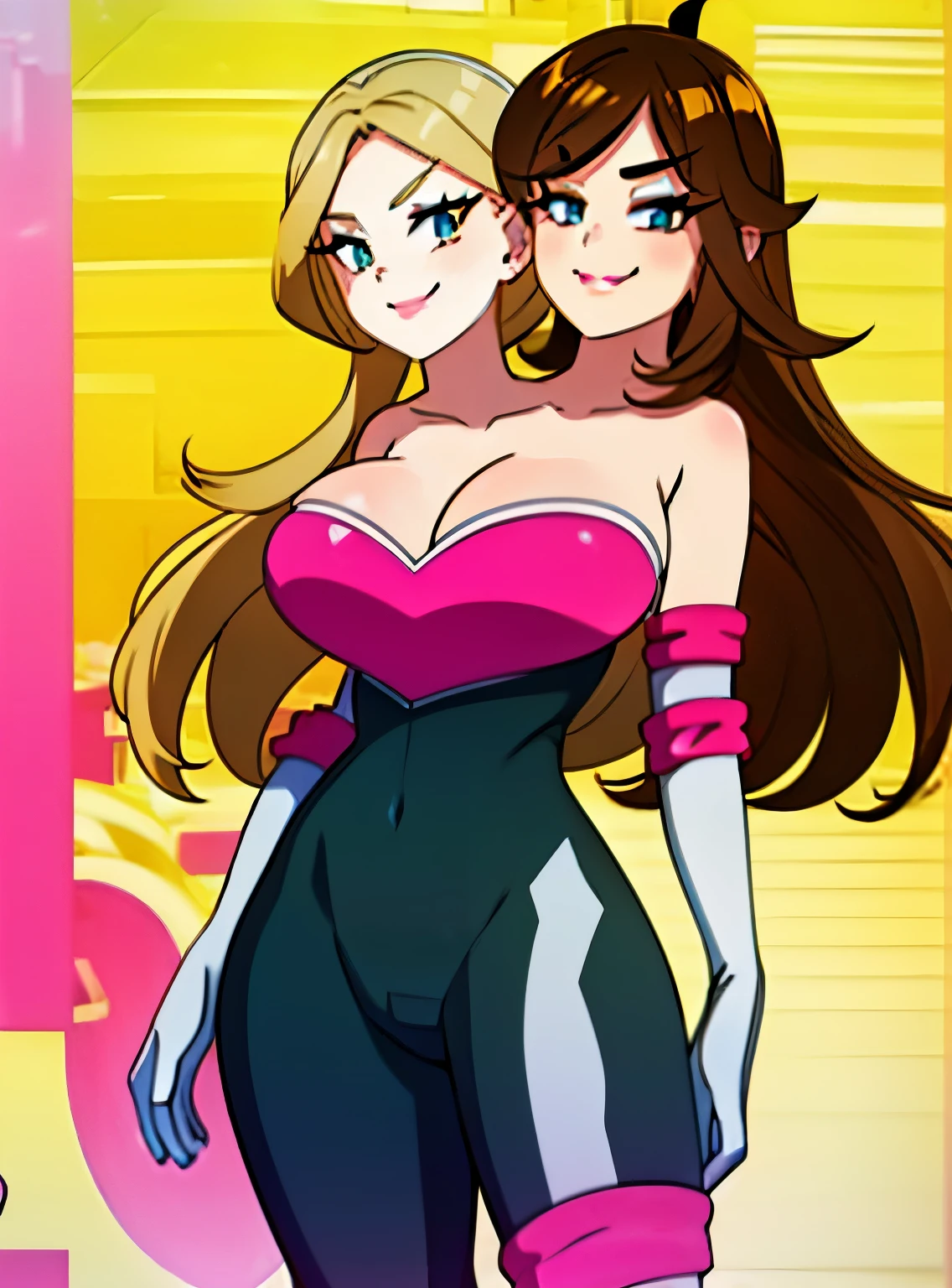 (masterpiece),(ultra-detailed), (high quality), (high resolution), (best quality:1.5, highres, UHD), highres, absurdo, ultra detail, ultra quality, Ultra resolution, 16k, 1girl, ((2heads:1.5)), ((girl with two heads)), golden blonde hair, (((same identical hair color))), black dress, large breasts, cleavage,dbgtbra, 1 girl, solo, blonde hair, brown hair, long hair, aqua eyes, eyeshadow, smile, closed mouth, cowboy shot, 1 girl, solo, rouge_the_bat_(cosplay), black rubber bodysuit, white elbow gloves, bare shoulders, medium breast, pink lipstick, smile, standing up, gloves, sassy, large bust with wide hips, seductive, flirty, curvy figure