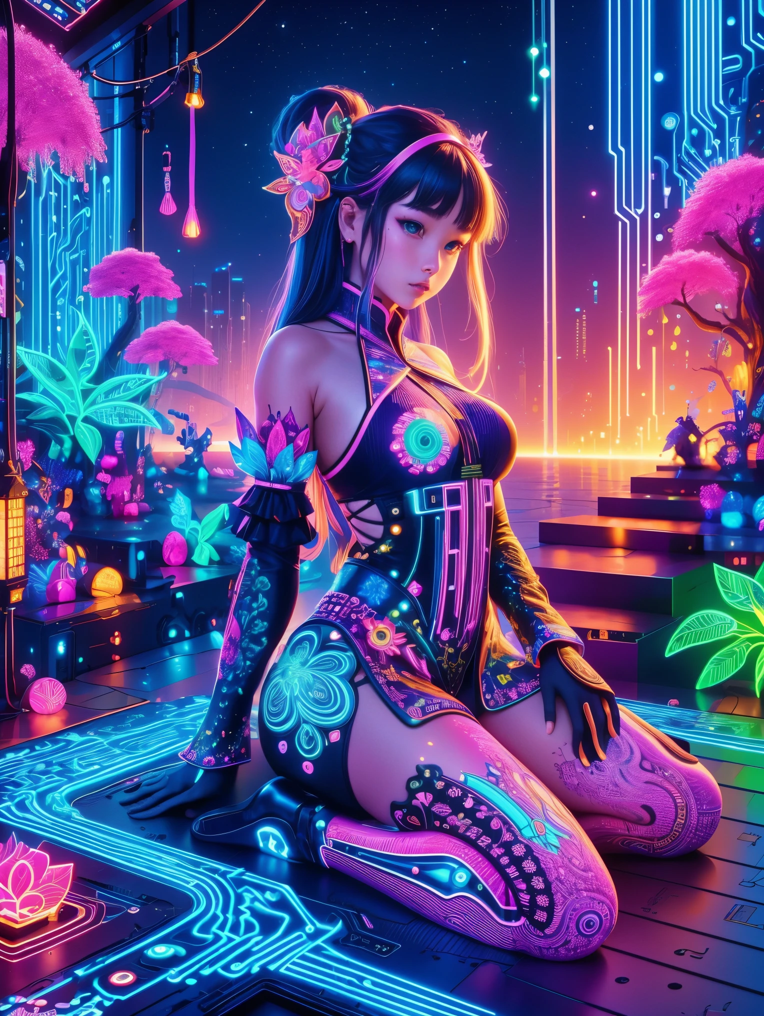 (Neon)，Circuit Board，(1 Girl:1.3), Extremely detailed,(Fractal Art:1.2),rich and colorful,The most detailed,( zentangle Neon:1.2), (Dynamic poses), (Neon几何背景:1.5), (Traditional clothing:1.2), (Glowing skin), (Many colors:1.4), Upper Body ，(Ultra HD, masterpiece, precise, Anatomically correct, textured skin, High Detail, high quality, The award-winning, 8k)