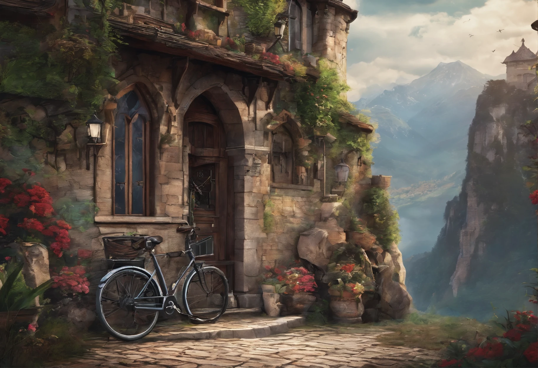 A picture of a bicycle parked in front of a mountain village, Fine art paintings inspired by Guido Borelli da Caruso, CG Association Contest Winner, modern european ink painting, Detailed painting 4k, Detailed view, Landscape painting, Southern European landscape, Landscape painting 詳細, Detailed landscape, 8k HD detailed oil painting, Quaint village, Detailed landscape —width 672