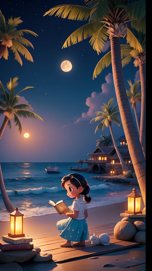 masterpiece, Best quality, 1 girl, Reading a book on a stone pier by the sea，night，Big full moon in the background，There are some cute rabbits around，coconut tree，Pixar style，Disney style，