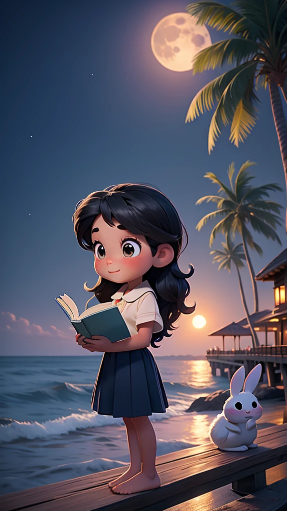 masterpiece, Best quality, 1 girl, Reading a book on a stone pier by the sea，night，Big full moon in the background，There are some cute rabbits around，coconut tree，Pixar style，Disney style，