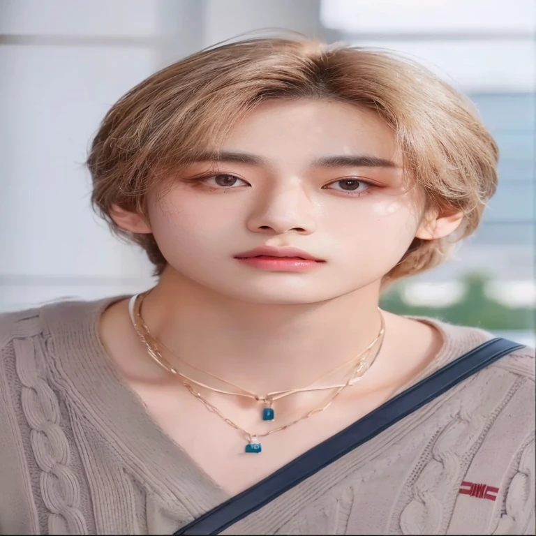un primer plano de una persona con un collar y un collar, cai xukun, Yanjun Chengt, kim taejin, hyung tae, inspirado en jeonseok lee, inspirado en Bian Shoumin, Kim Doyoung, realista. cheng yi, pale korean adorable face, inspirado en Kim Deuk-sin, kpop idol portrait, por Jang Seung-eop