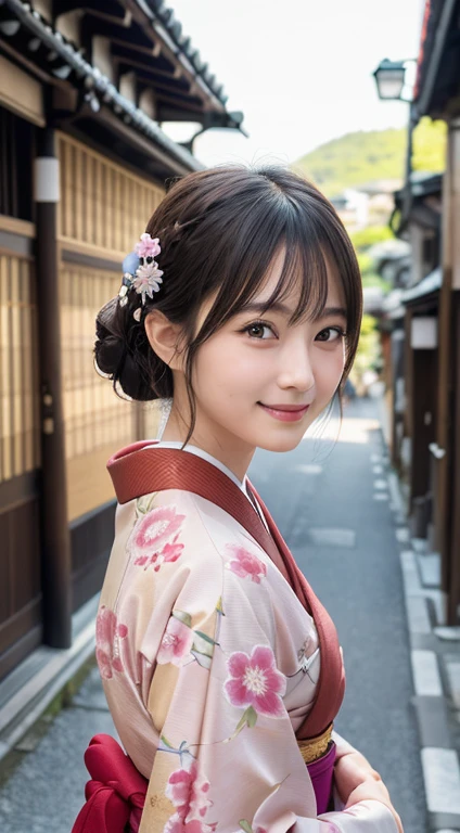 Professional Lighting,(Photorealistic:1.4), (Top image quality:1.0), (超A high resolution:1.0), 8k, Raw photography, (masterpiece:0.2), (Facing the children_v1:0.5)、(最高quality Detail:1.2)、Realistic、8K Ultra HD、High resolution、(1 girl:1.2)、超detailedな、High quality textures、複雑なdetailed、detailed、Very detailed CG、High quality shadows、detailed 美しく繊細な顔、Beautiful details and a delicate eye、(Symmetrical eyes:1.2),Written boundary depth、Ray Tracing,1 girl, Japanese Girls, (Natural smile:1.4),cute, thin, Portrait of a beautiful Japanese woman wearing a kimono, Standing elegantly on a street corner in Kyoto. Kimono with vibrant traditional patterns, Hair decorated with elegant and delicate hairpins, Gentle expression. (With the old streets of Kyoto in the background:1.4)、The soft light of a spring afternoon、Adding tranquility to the scene. Rendered in a Realistic style with great attention to detail, High resolutionの画像.Sky Porn, Magic Hour, (Realistic:1.3), finely, quality, (Tabletop:1.2), (Realistic:1.2), (最高quality), (複雑なdetailed), dramatic, Ray Tracing, photograph, +roller