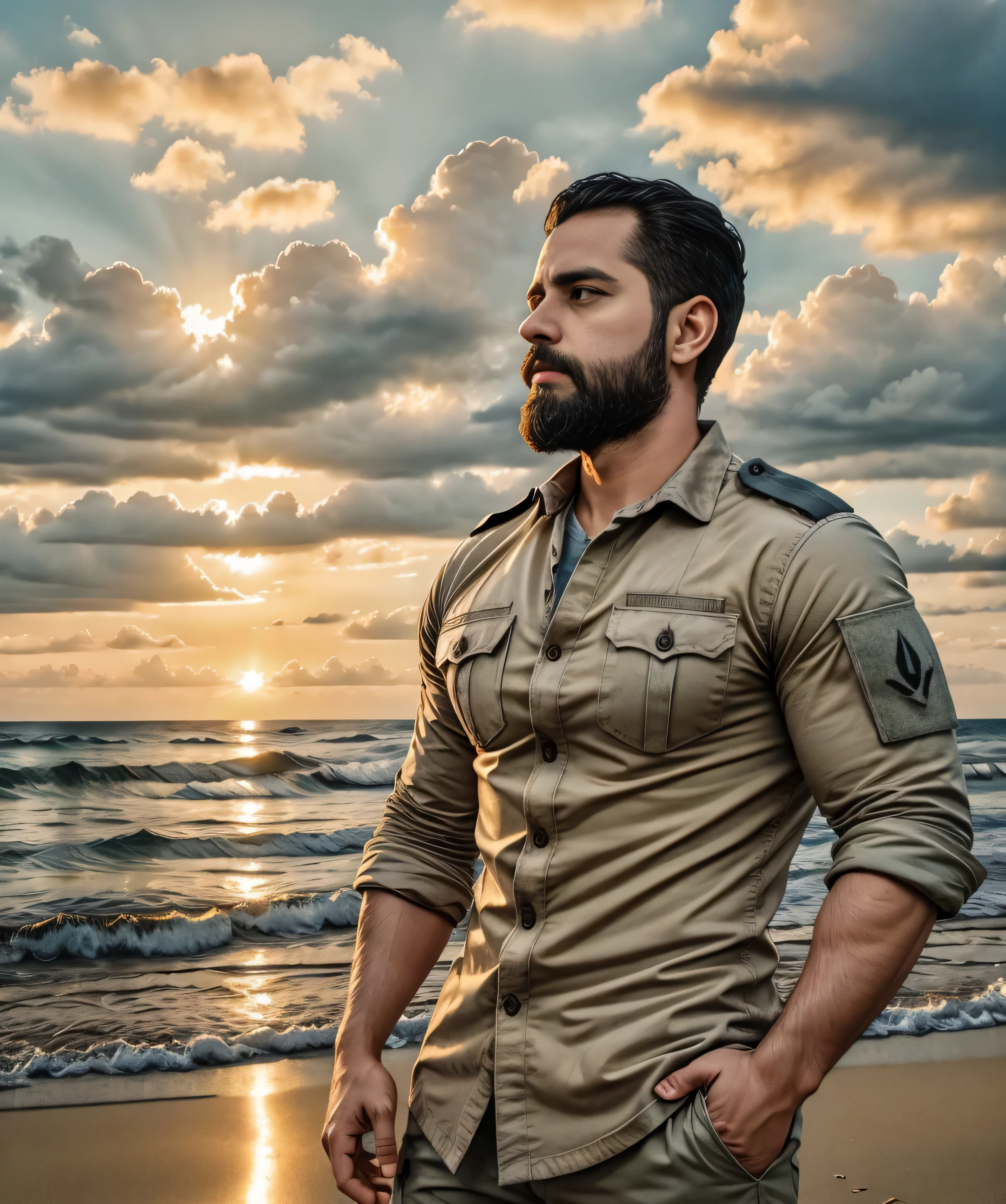 man with a beard and military shirt, standing at the beach shore, looking extremely handsome. The artwork should have a polished and cool style. The color tone should be vibrant. The lighting should be natural and give a warm glow. The medium can be an illustration or a digitally rendered artwork. Additional details can include the waves crashing on the shore, seagulls flying overhead, and a scenic background with a sunset or a clear blue sky. The image should be of the best quality with high resolution and ultra-detailed features.