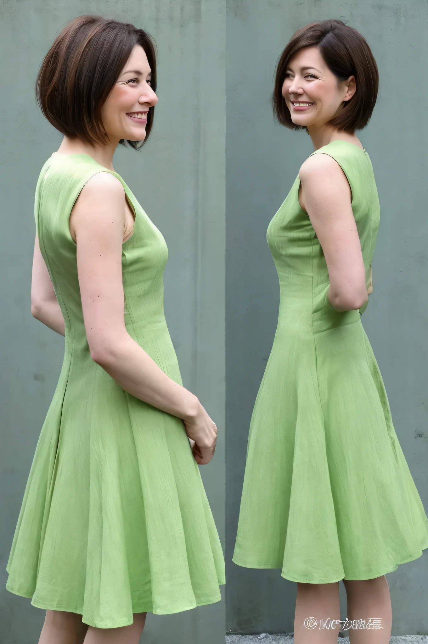 Beautiful middle-aged woman　40 years old　50 years old　Mature Woman with Beautiful Face　Mature Woman　Are standing　smile　short hair　Looking Back　Light green spring dress