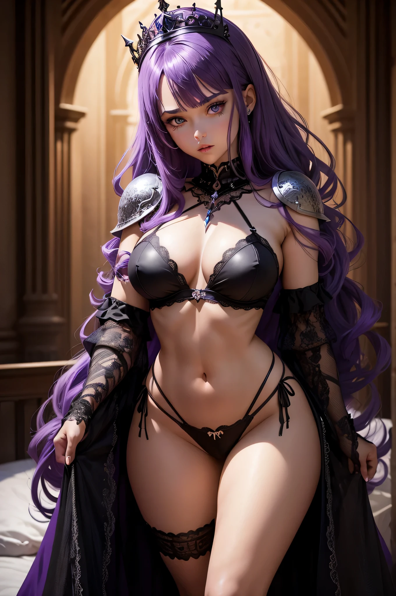 1girl, a knight, purple hair, beautiful face, skull tiara, full body amor, black heavy amor, perfect body, large breast, purple lingerie, turn back, show her butt, on bed, black sword, look at viewer, hell back ground