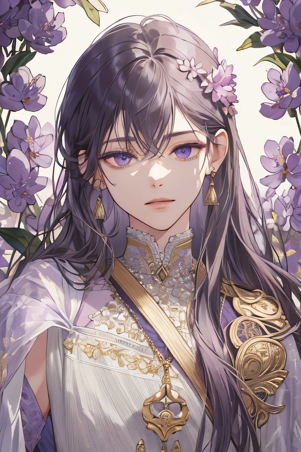 (extreamly delicate and beautiful:1.2), 8K,(masterpiece:1.0),(best_quality:1.0), 1 boy, and intricate detailing, Enlarged textures, and intricate detailing, finely eye and detailed face, and intricate detailing, shiraga, with chiton yunani, long hair lilac, (closed mouths), Perfect eyes, Equal eyes, lilac eyes, eyes look at camera (A male god) with sword