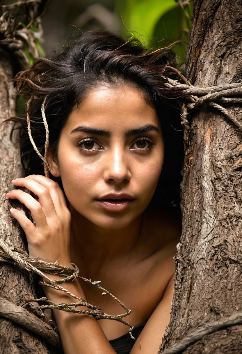 corpo todo,Mulher latina,tied to an old tree with vines,corpo natural coberto de sujeira,emaranhado,totalmente nu,corajoso,sujo,pele enrugada,Messy hair,Selvagem,rampando e rastejando,amarrado com cordas velhas,vagina real molhada e pingando,worn appearance,vivid portrait,fotorrealista,high resolution,olhos expressivos,thoughtful expression,rosto forte e envelhecido,sabedoria em seu olhar,dark lighting,tons terrosos,sombras e realces contrastantes,dramatic atmosphere,angustia.