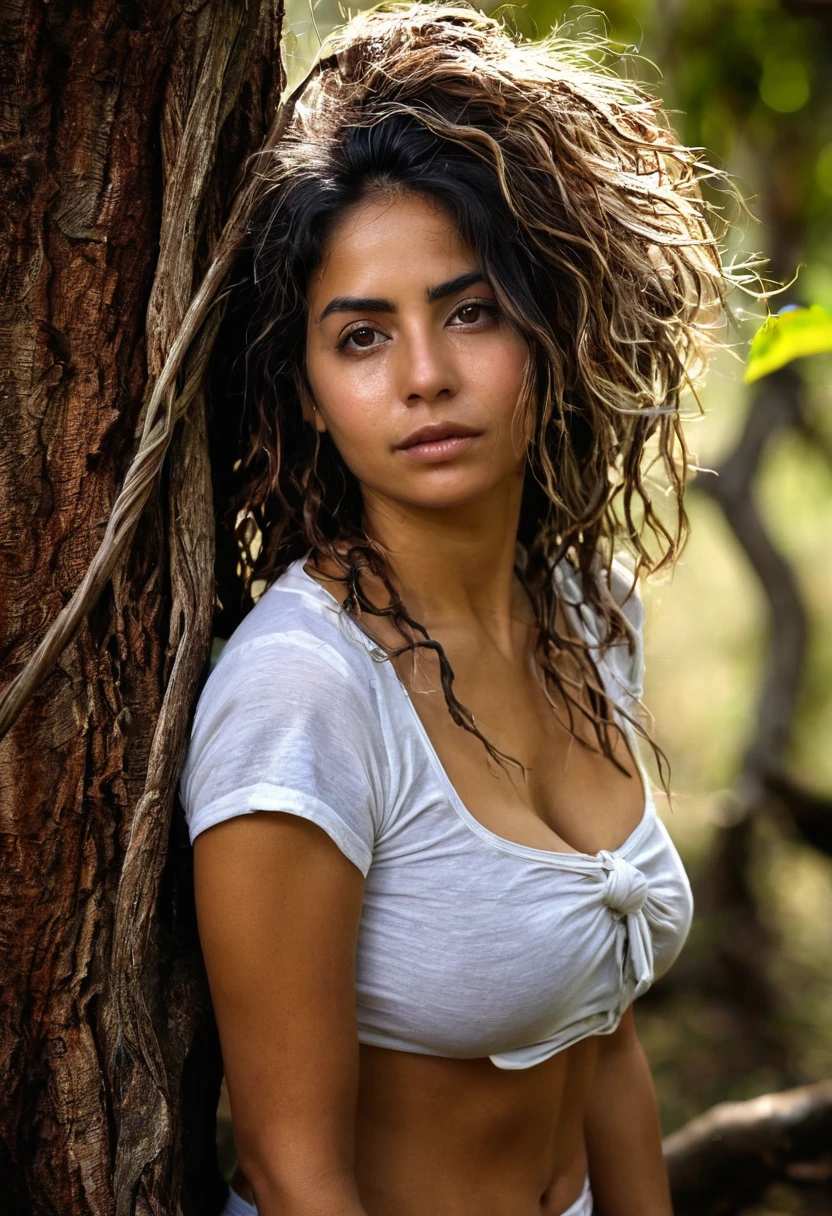 corpo todo,Mulher latina,tied to an old tree with vines,corpo natural coberto de sujeira,emaranhado,totalmente nu,corajoso,sujo,pele enrugada,Messy hair,Selvagem,rampando e rastejando,amarrado com cordas velhas,vagina real molhada e pingando,worn appearance,vivid portrait,fotorrealista,high resolution,olhos expressivos,thoughtful expression,rosto forte e envelhecido,sabedoria em seu olhar,dark lighting,tons terrosos,sombras e realces contrastantes,dramatic atmosphere,angustia.