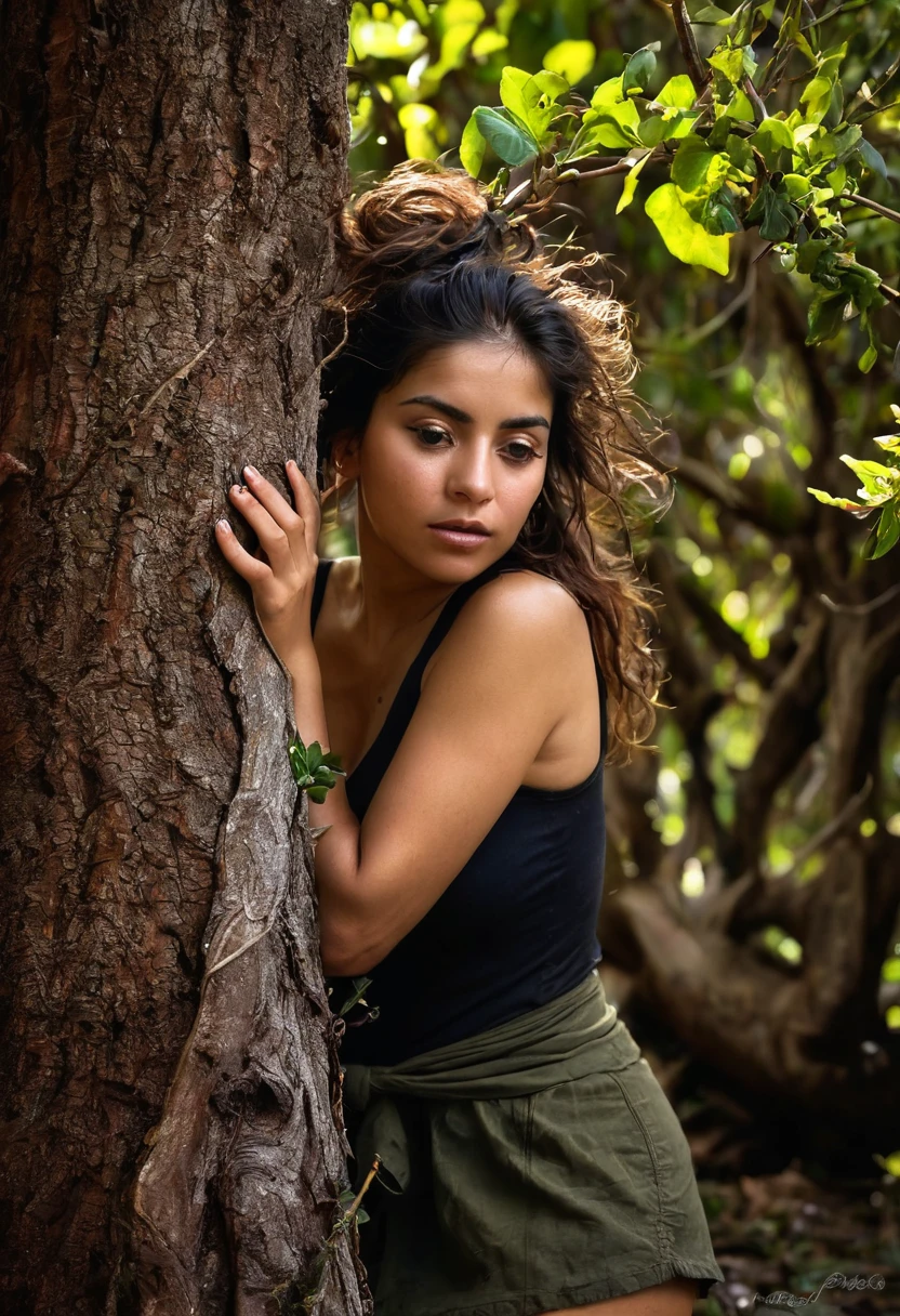 corpo todo,Mulher latina,tied to an old tree with vines,corpo natural coberto de sujeira,emaranhado,totalmente nu,corajoso,sujo,pele enrugada,Messy hair,Selvagem,rampando e rastejando,amarrado com cordas velhas,vagina real molhada e pingando,worn appearance,vivid portrait,fotorrealista,high resolution,olhos expressivos,thoughtful expression,rosto forte e envelhecido,sabedoria em seu olhar,dark lighting,tons terrosos,sombras e realces contrastantes,dramatic atmosphere,angustia.