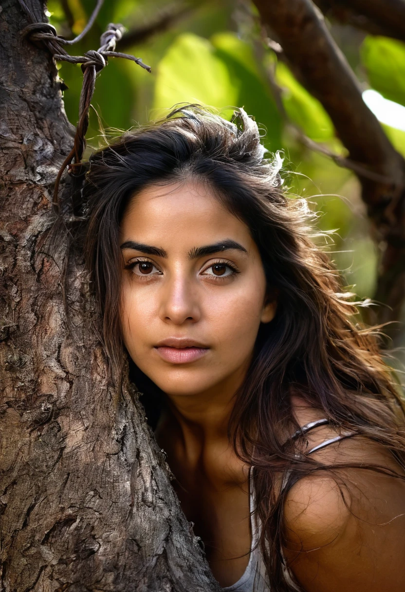 corpo todo,Mulher latina,tied to an old tree with vines,corpo natural coberto de sujeira,emaranhado,totalmente nu,corajoso,sujo,pele enrugada,Messy hair,Selvagem,rampando e rastejando,amarrado com cordas velhas,vagina real molhada e pingando,worn appearance,vivid portrait,fotorrealista,high resolution,olhos expressivos,thoughtful expression,rosto forte e envelhecido,sabedoria em seu olhar,dark lighting,tons terrosos,sombras e realces contrastantes,dramatic atmosphere,angustia.