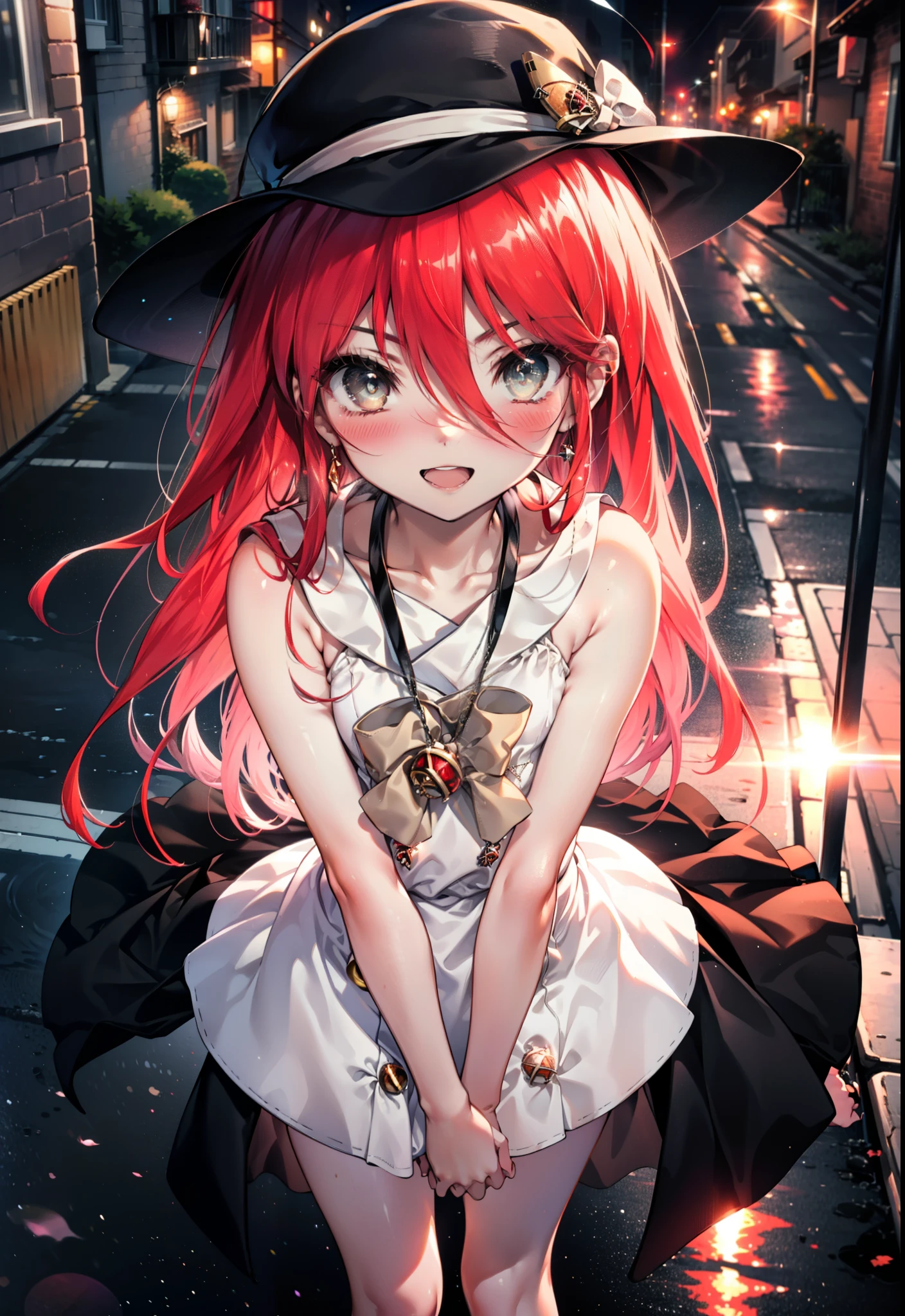 Shana,灼眼のShana,Ahoge,Long Hair,Red hair, Red eyes, small breasts,smile,blush,Open your mouth,Sleeveless dress,Bare shoulders,bare clavicle,Bare neck,Rocket Pendant,White hat,Long skirt,Cute heeled sandals,Looking down from above,sunset,evening,The sun is setting,
break looking at viewer, (Cowboy Shot:1. 5)
break outdoors, City Street,Building district,
break (masterpiece:1.2), highest quality, High resolution, unity 8k wallpaper, (shape:0.8), (Fine and beautiful eyes:1.6), Highly detailed face, Perfect lighting, Highly detailed CG, (Perfect hands, Perfect Anatomy),