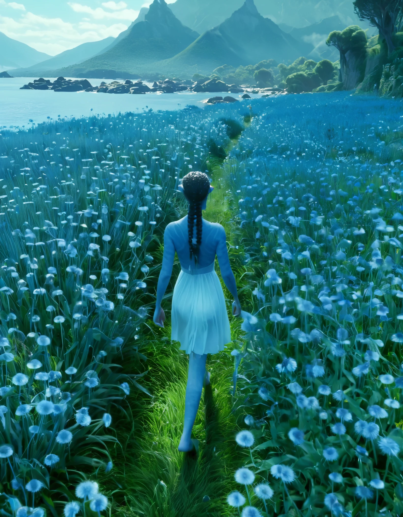 (Best Quality, 4k, 8k, High Resolution, Masterpiece: 1.2), solo，Super Detailed, (Real, Real, Real: 1.37), Avatar Character, Female, Wearing White Short Dress, Walking on the Côte d'Azur, Dreamy Atmosphere, Creature Light, blue dandelions, blue grass, soft light, blue and black palette, light blue tones, delicate footsteps, serene expression, flowing silver hair, charming blue eyes, whispering wind, tranquility Loneliness, cool air, majestic blue mountains in the distance, ethereal beauty, natural beauty rendered by light and shadow, harmony between characters and nature, charming and tranquil