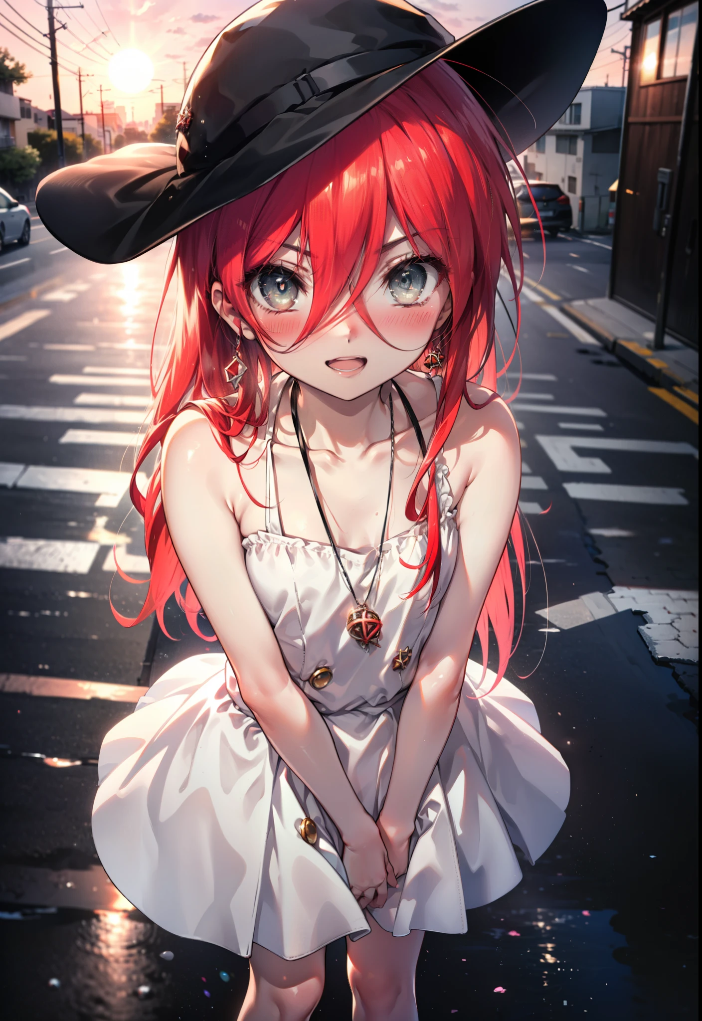 Shana,灼眼のShana,Ahoge,Long Hair,Red hair, Red eyes, small breasts,smile,blush,Open your mouth,Sleeveless dress,Bare shoulders,bare clavicle,Bare neck,Rocket Pendant,White hat,Long skirt,Cute heeled sandals,Looking down from above,sunset,evening,The sun is setting,
break looking at viewer, (Cowboy Shot:1. 5)
break outdoors, City Street,Building district,
break (masterpiece:1.2), highest quality, High resolution, unity 8k wallpaper, (shape:0.8), (Fine and beautiful eyes:1.6), Highly detailed face, Perfect lighting, Highly detailed CG, (Perfect hands, Perfect Anatomy),