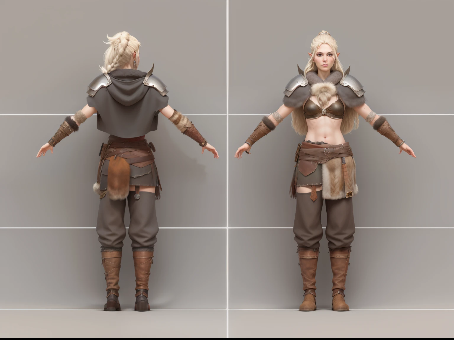 ( Realistic:1.33),(masterpiece:1.1),(highest quality:1.1),(HDR:1) a close up of a Viking woman warrior wearing armor and fur coat , full body concept, detailed full body concept, Young Viking female with a long braid, Viking style, Teenage Viking protective maiden, Portrait of a Viking, Viking warrior, Viking culture, Nordic warrior, Viking costume, Ancient Viking warrior, Elven blond warrior, Epic Viking Queen , wearing Viking clothing, Female Viking, with Machado, Nordic inspiration, Viking and Templar aesthetics, full body character concept,costume concept design, full body details, detailed full body concept art, full character body, character model sheet turnaround, fullbody shot turnaround, concept character sheet, full body concept art, reference model sheet , full body concept art, RPG style character, game character design, 3d character reference sheet, video game character concept, detailed character design, character sheet, character model sheet turnaround , front and back, front and back, grey clean background, 3D character, leather belt with leather knife bag, red loincloths, leather armband, leather boots with fur, leather bikini with black fur coat, red hem with fur. [ show skin breast mound ], [ show abdomen ] no cloth at abdomen. breast skin, human skin, human skin, human breast skin, human skin.